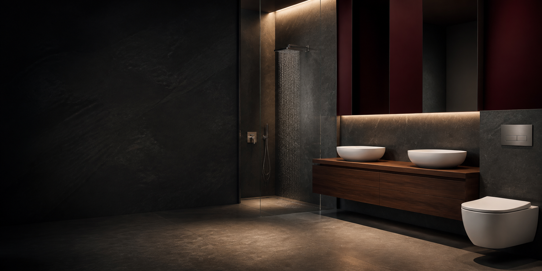 Premium basins, shower and closet in a luxurious charcoal bathroom