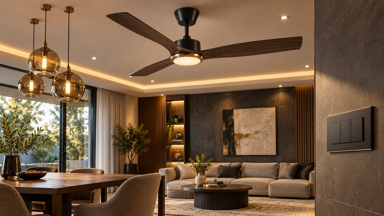 Modern interior with an Orient Electric-style ceiling fan, lighting and switches