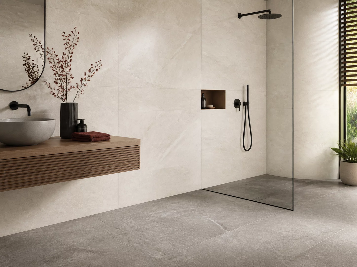 Coordinated bathroom wall and floor tiles