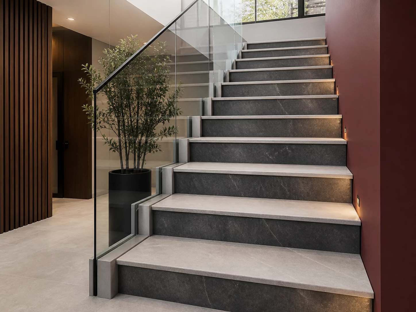 Porcelain tiled steps and risers